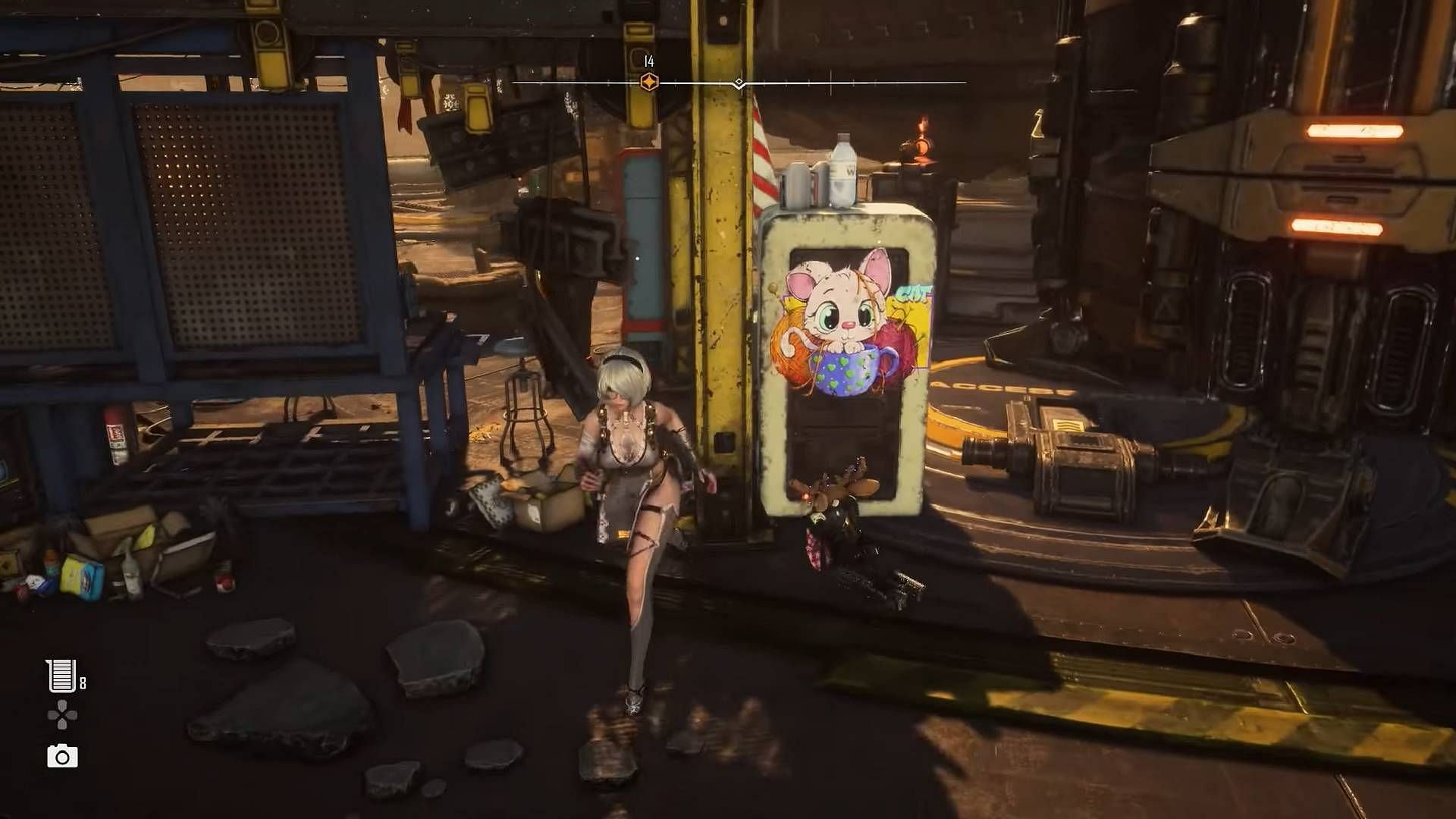 Dreaming Cat graffiti is located on the back of a refrigerator (Image via Shift Up || YouTube@Darkhowl Gaming)